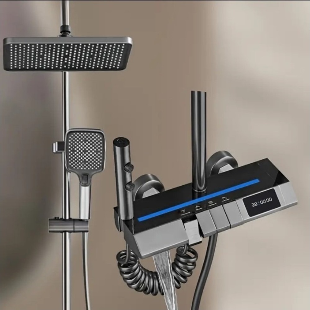 Gray Shower Fixtures LED Exposed Shower System Rainfall Shower Head Combo Kit